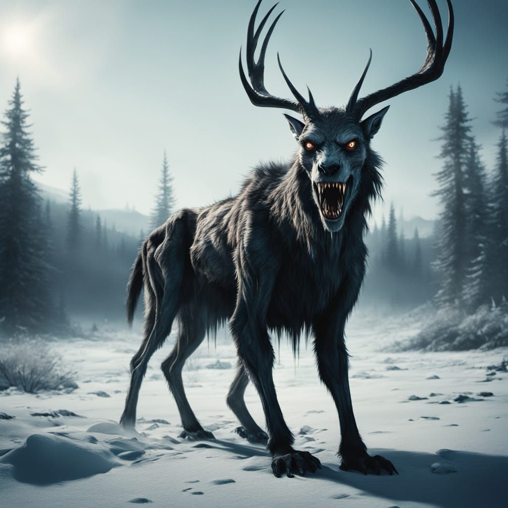 Surreal Hyperrealistic Portrait of a Gaunt Wendigo in a Deso...