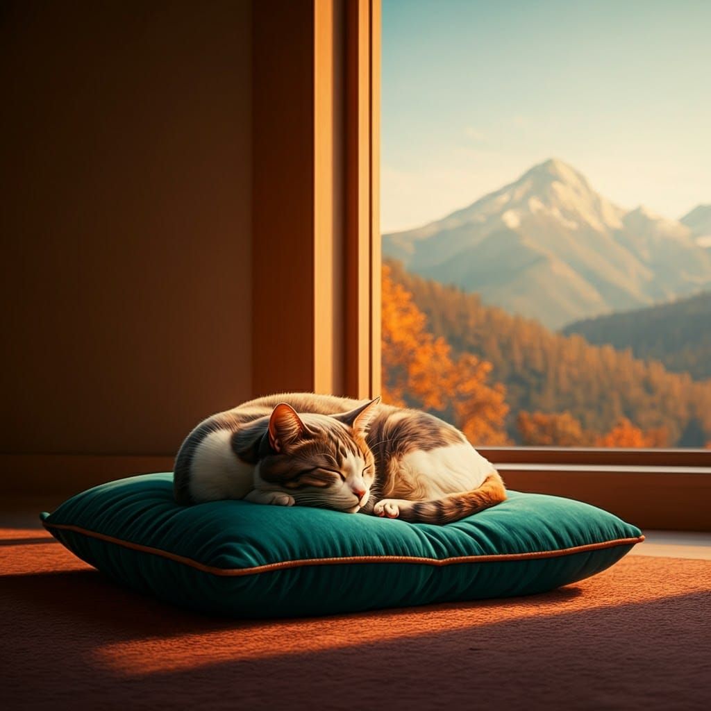 Sleeping Cat in Minimalist Home, Art Nouveau Style