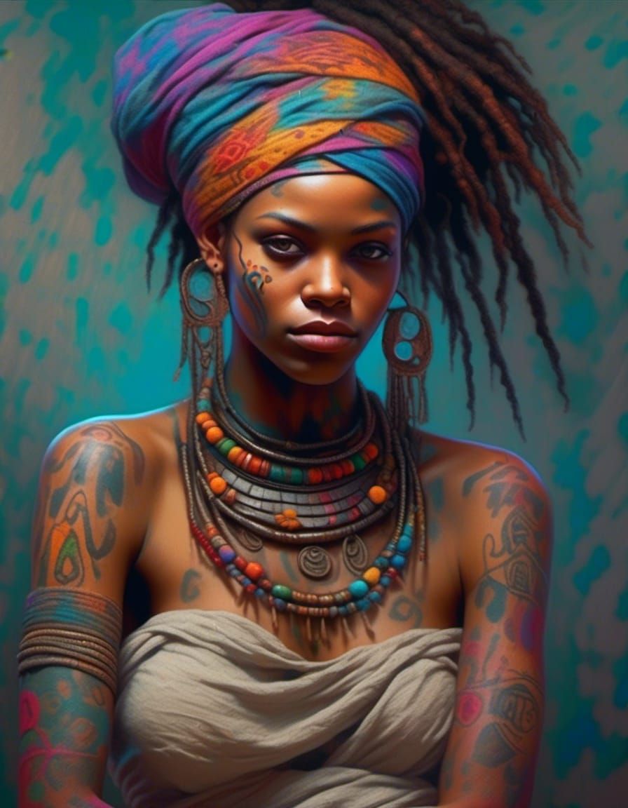 <lora:StyleGP2:1.0> Slightly smiling Black woman wrapped in old linen bandages decorated with strange colorful tattoos p...