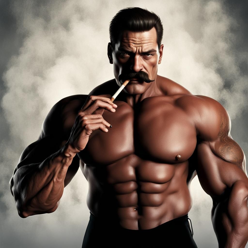Bodybuilder Smoking Cigar: Detailed Matte Painting