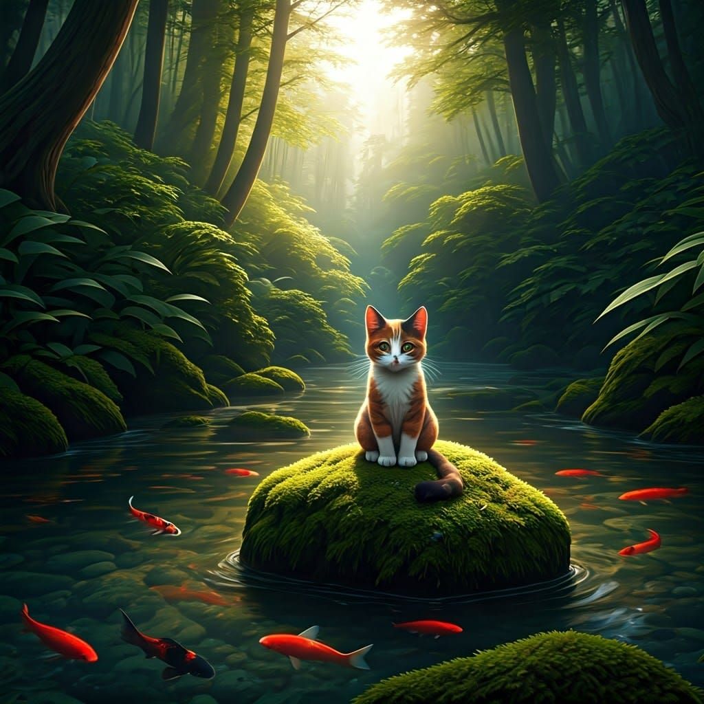 Ginger Cat Watching Koi Fish in Forest Stream