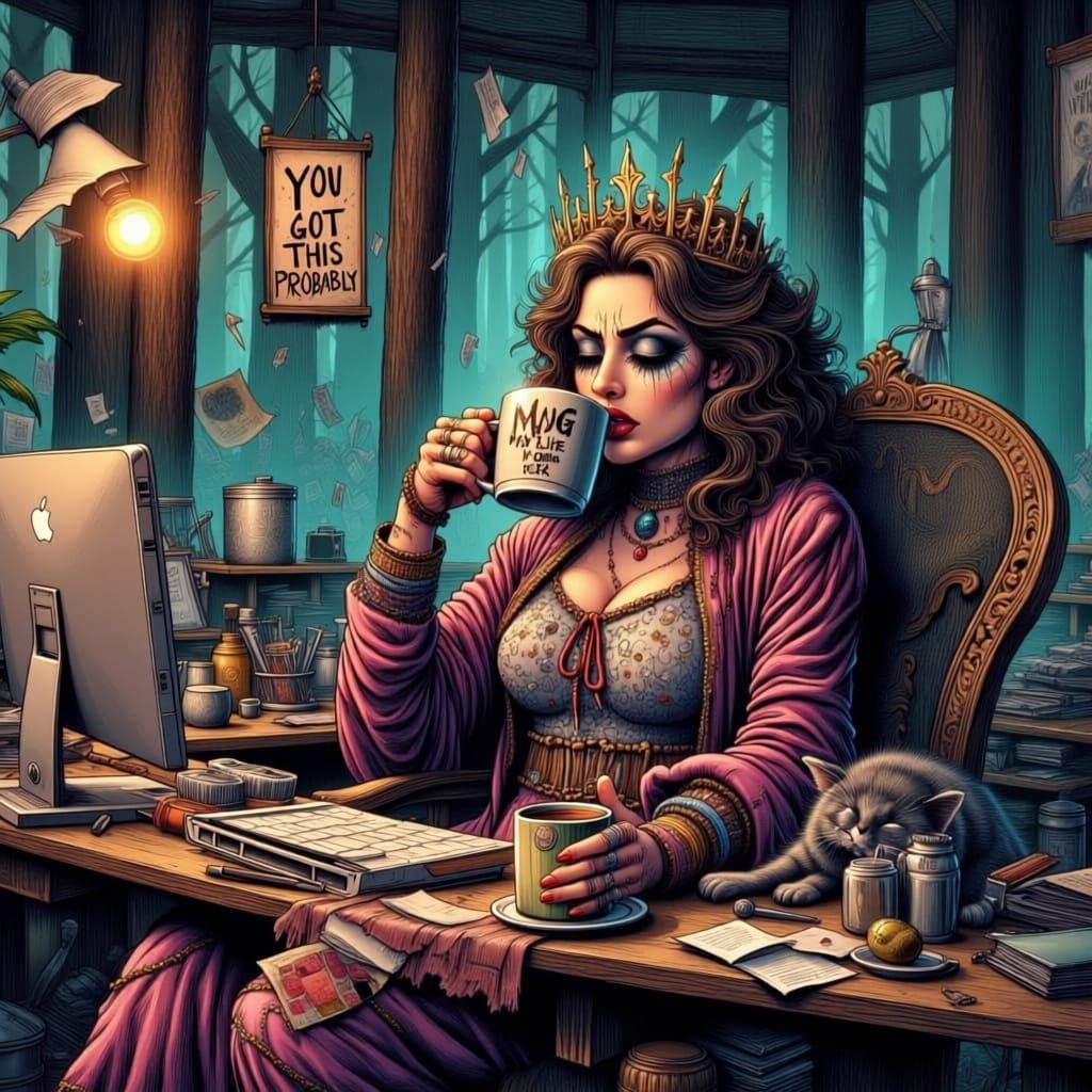 Fierce Woman Reigns Over Chaotic Home Office in Cartoon Real...