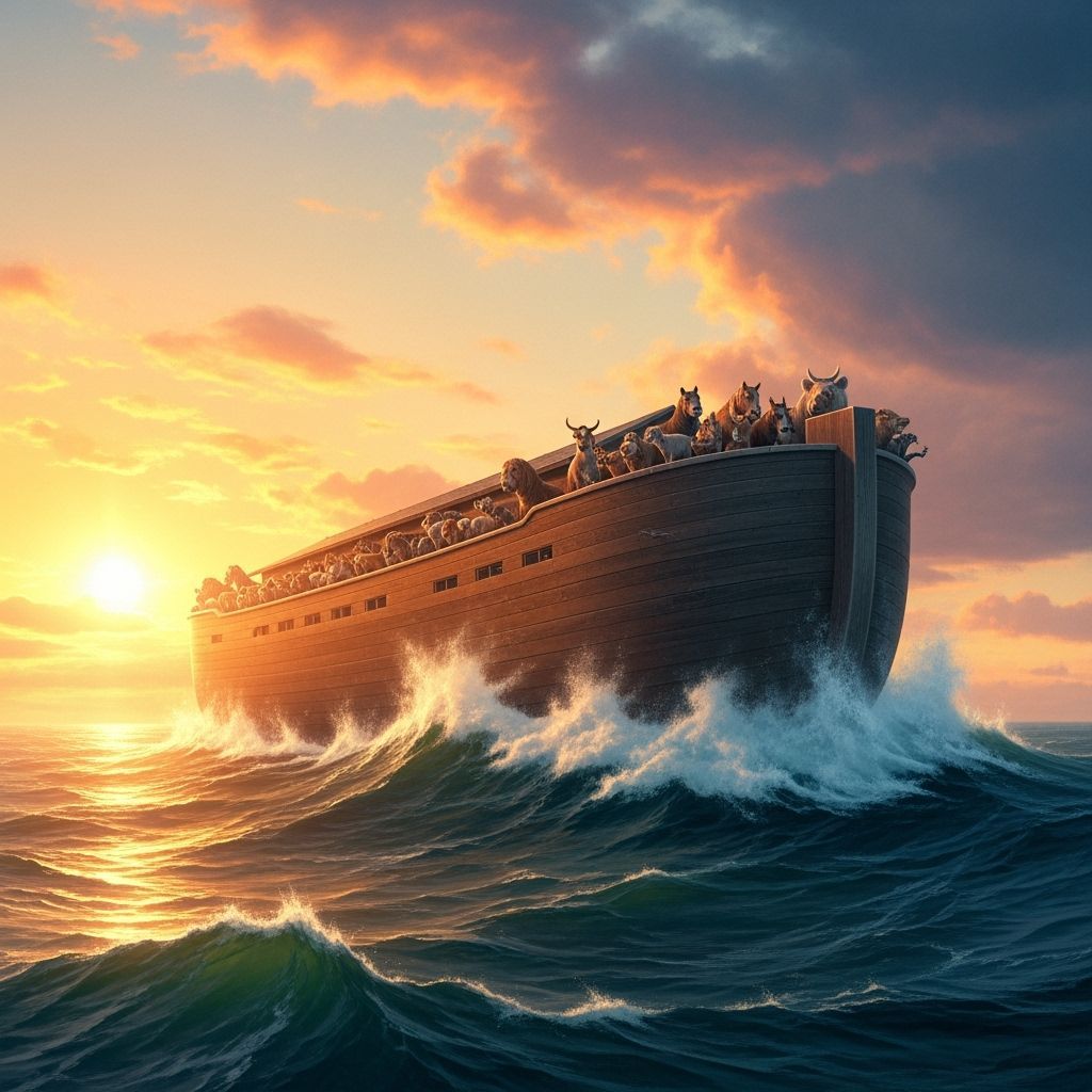 Noah's Ark on Dangerous Sea at Sunset