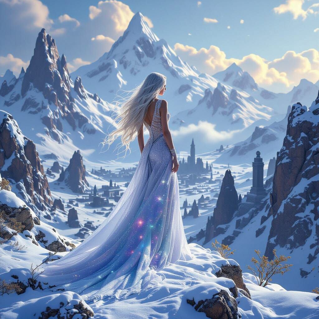 Celestial Woman on Mountain Peak in Cosmic Fantasy Style