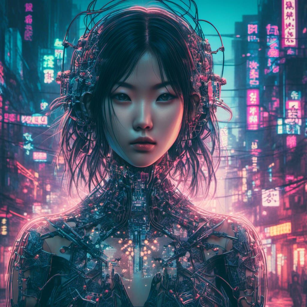 Asian Cyborg Double Exposure in Cyberpunk Style