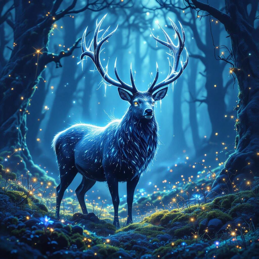 Crystal Antler Stag in Mystical Bioluminescent Forest