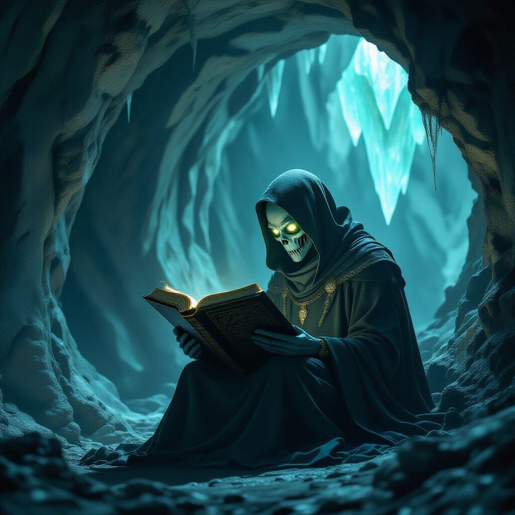 Alien Scholar Reads Ancient Tome in Bioluminescent Giger-Bek...