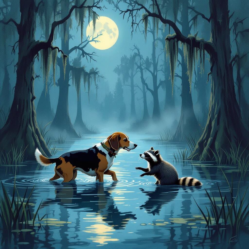 Hound Dog's Swamp Chase in Folk Art Style