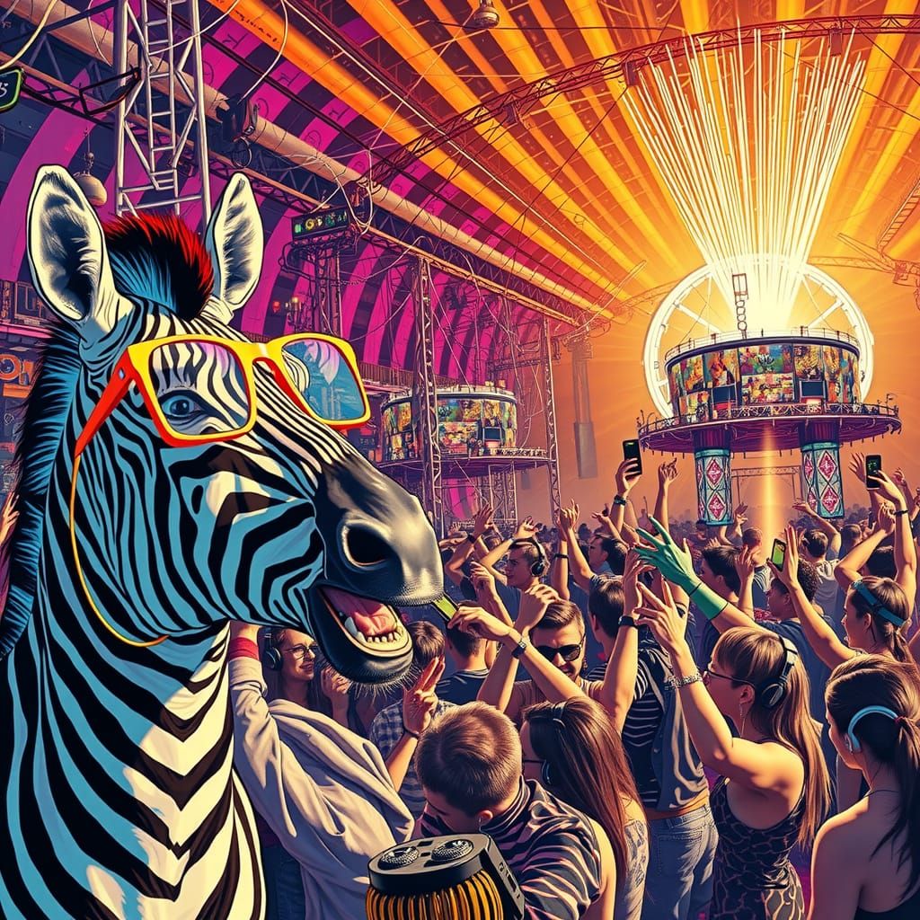 Electric Zebra at Rave Party, Trippy Dreamscape in Cel-Shade...