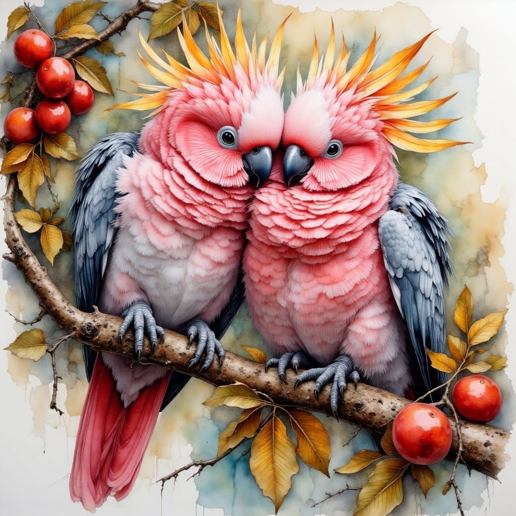 Playful Cockatoos on River Gum: Neurographic Art