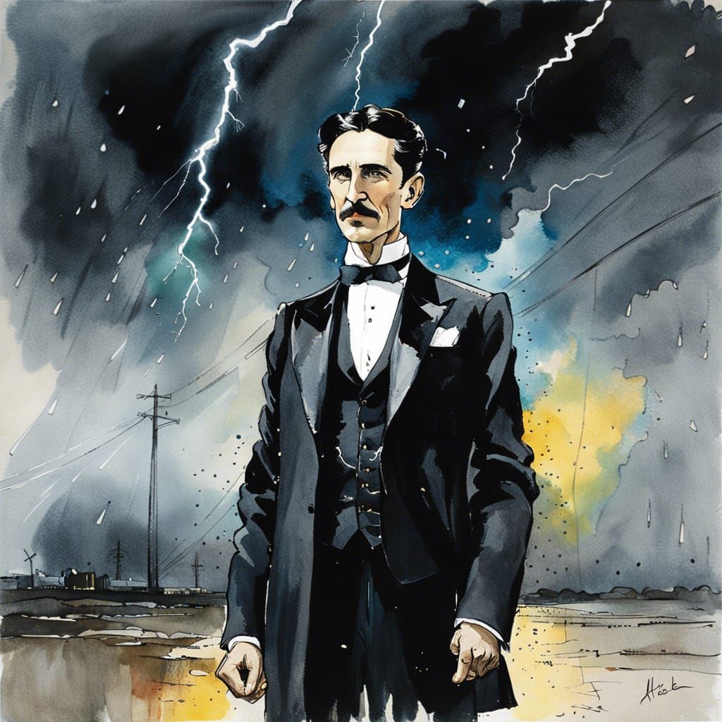 Nikola Tesla in Rain, Watercolour Portrait