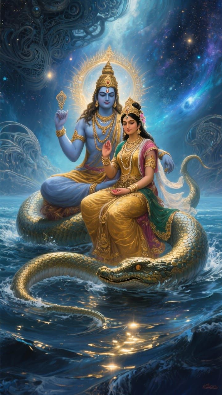 Vishnu and Lakshmi in Cosmic Ocean: 4K Digital Art
