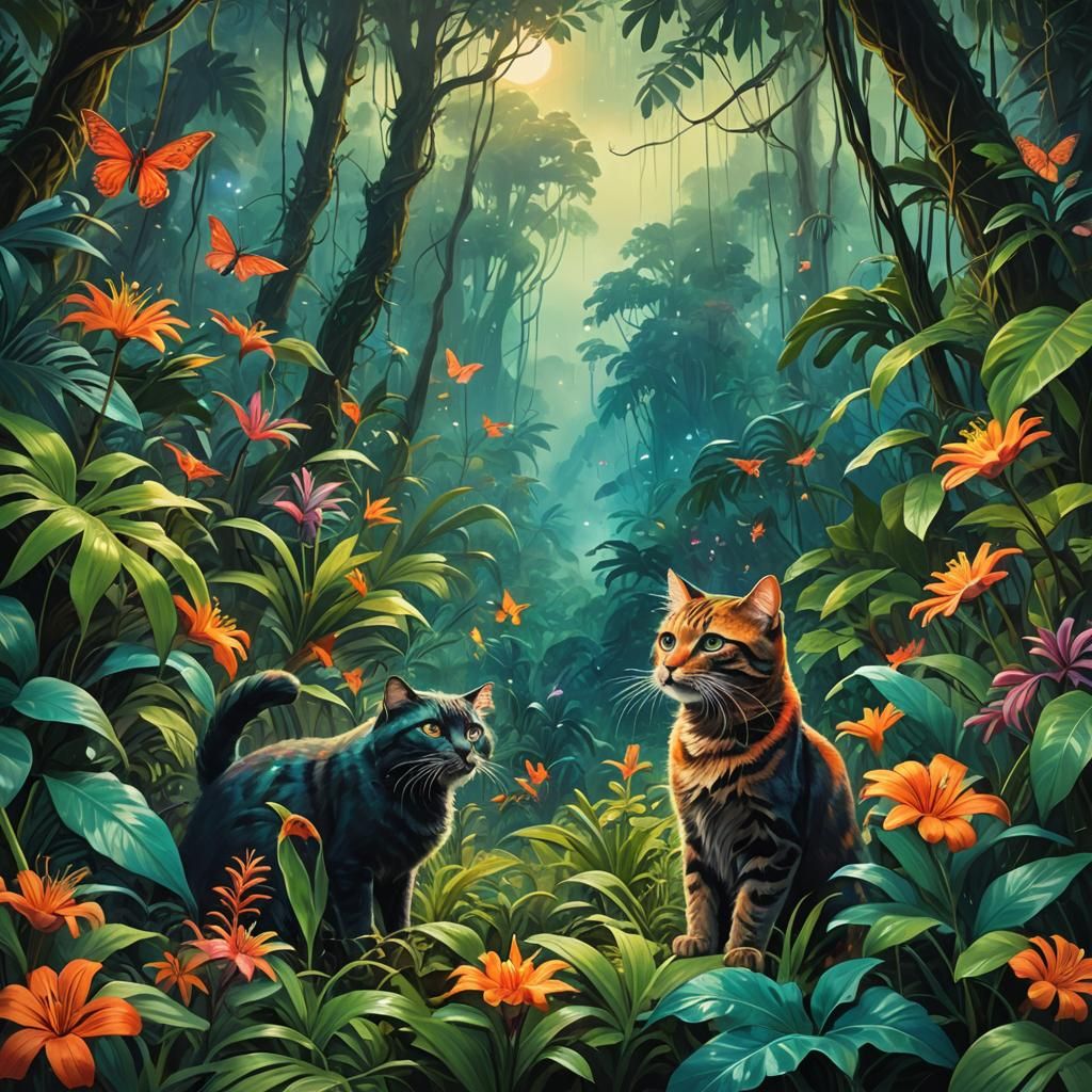 Rainforest Dream: Vivid Oil Painting with Cat