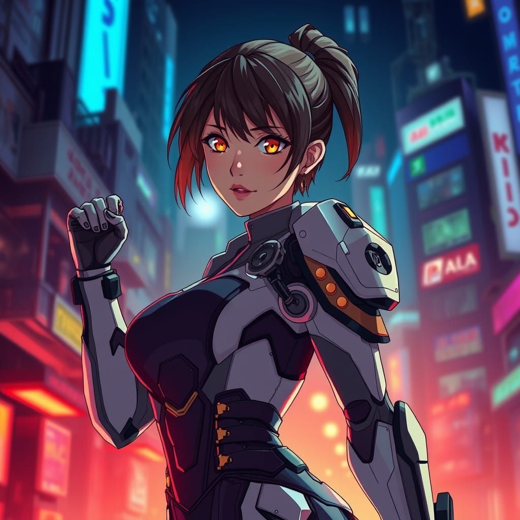 Anime Woman in Mecha Dress with Golden Eyes