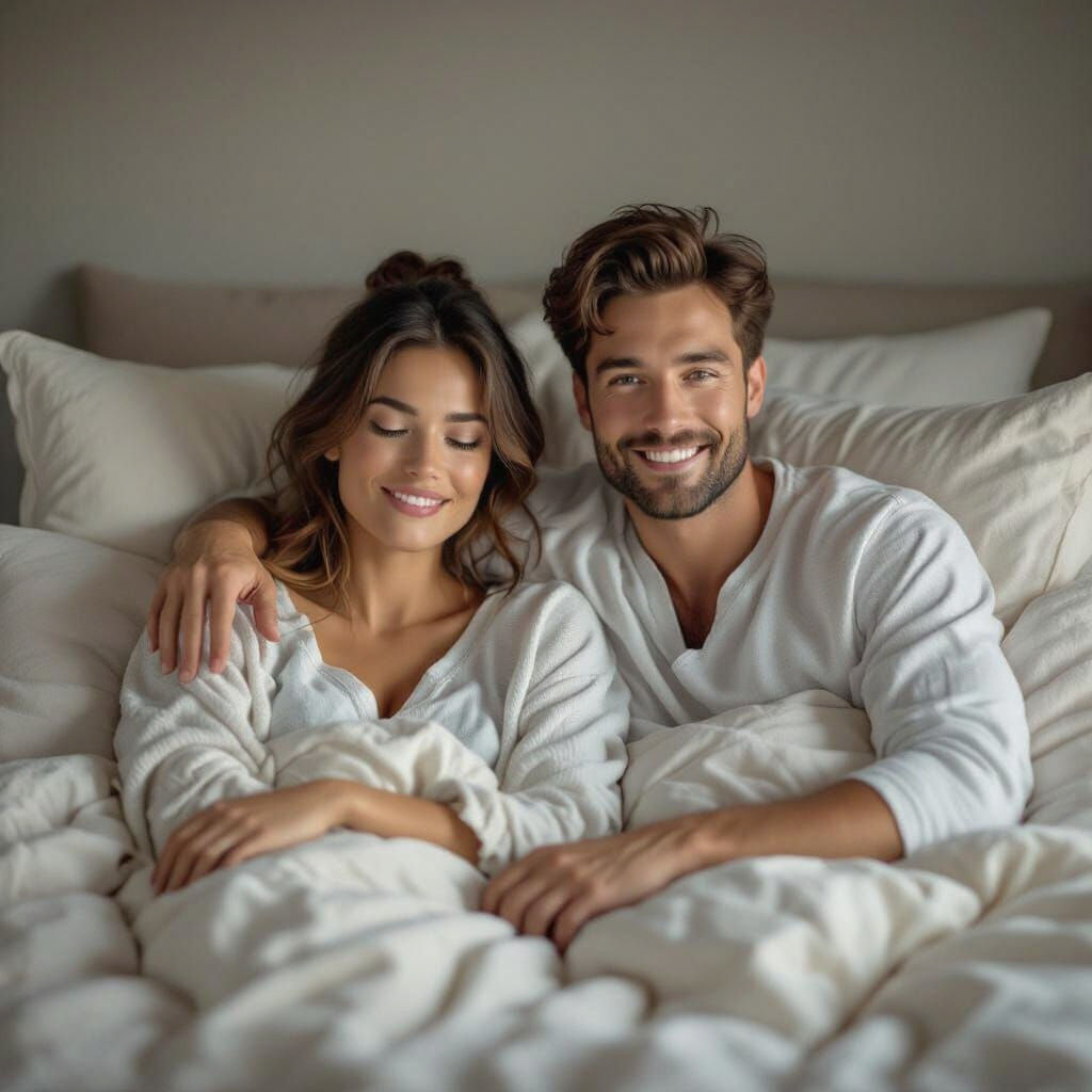 Vibrant Couple in Bed: Ultra-Realistic Bedroom Scene