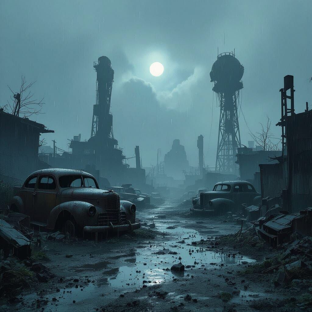 Eerie Rainy Junkyard at Dusk in Biomechanical Style