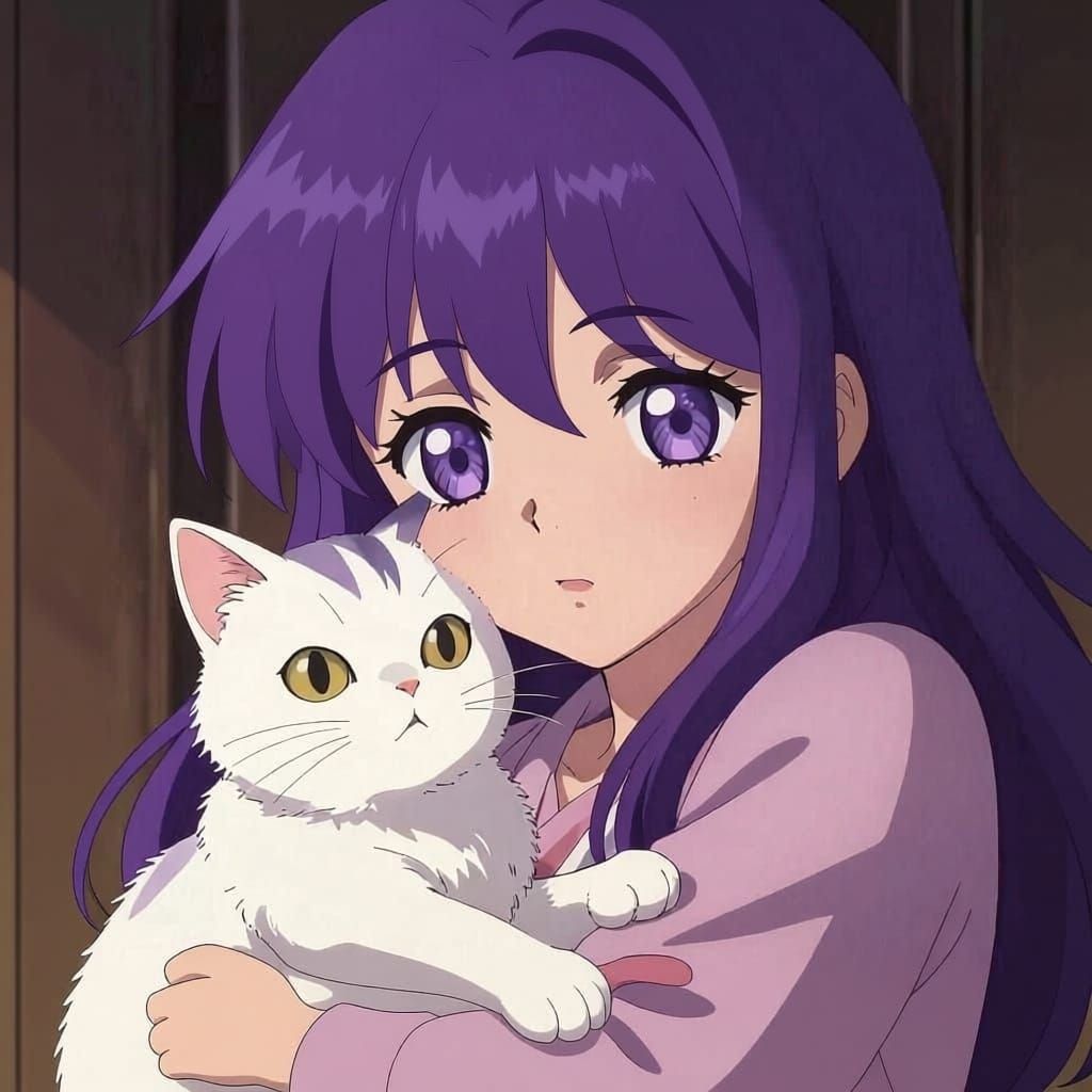 Anime Girl with Purple Hair and Cat in Cinematic Lighting