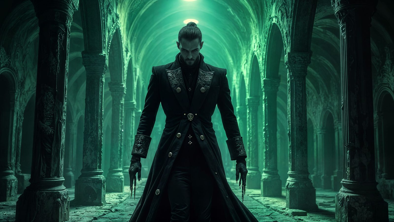 Sinister Necromancer in Dark Velvet Suit Strides Through Anc...