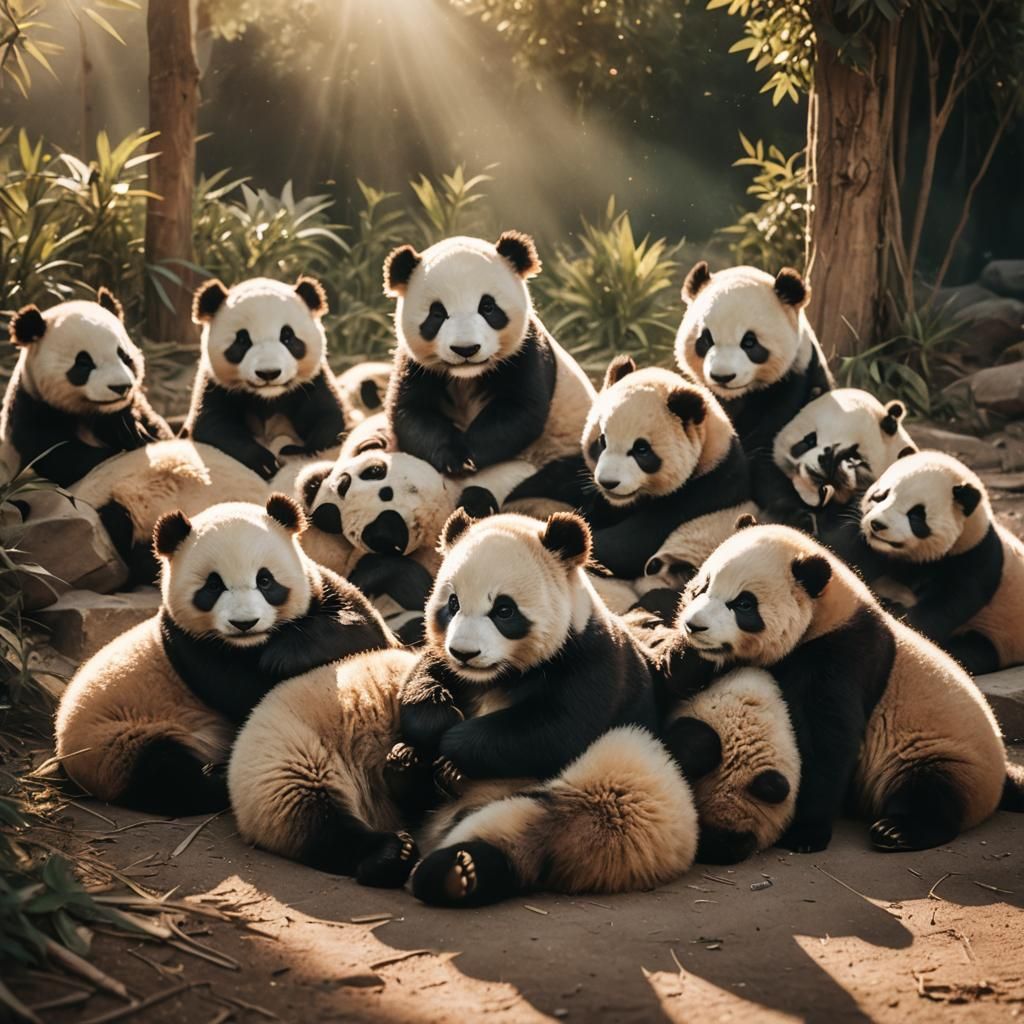 Baby Pandas Cuddling in Warm Sunlight: Cinematic Film