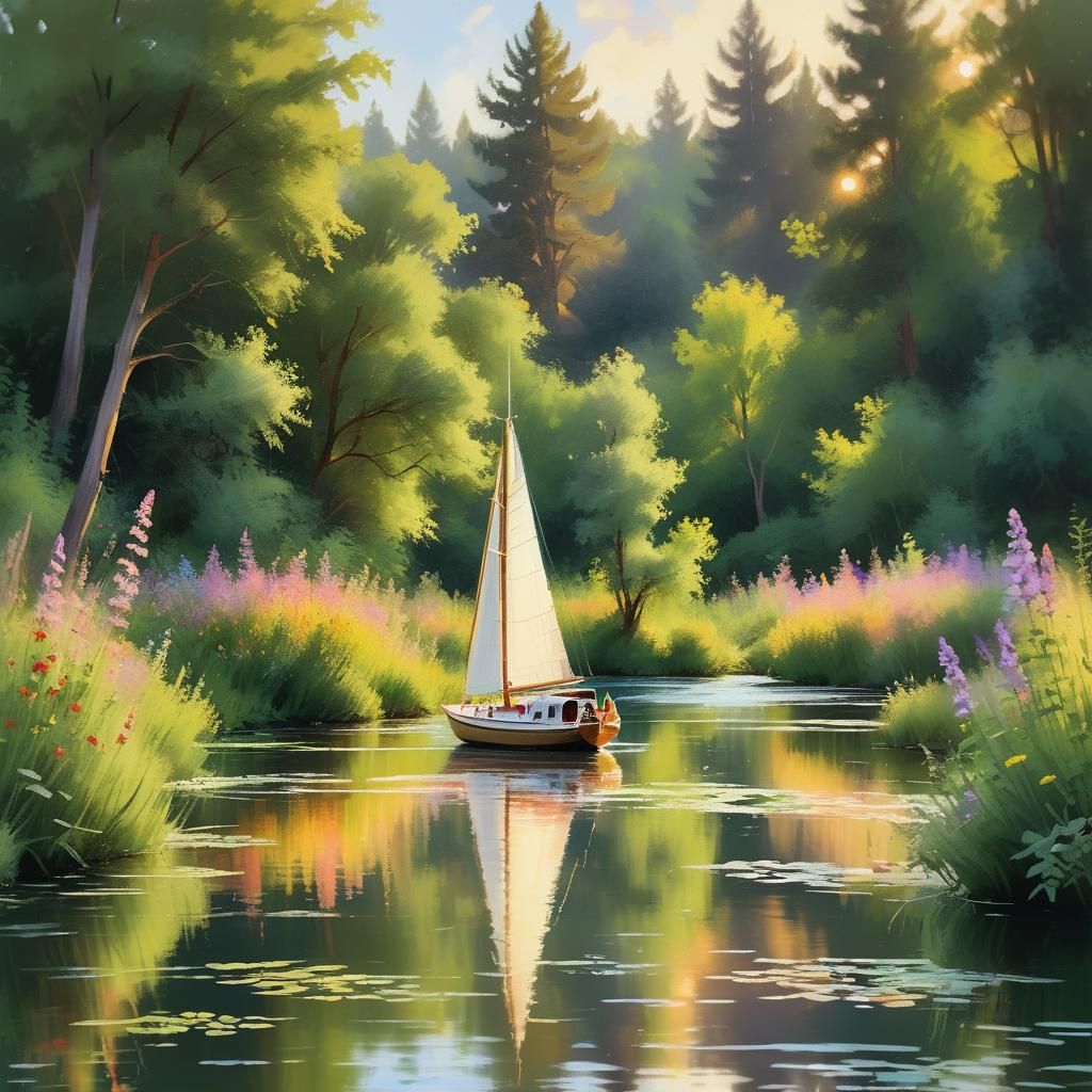 Serenity on the River: A Peaceful Sailboat Journey Through Nature's Beauty