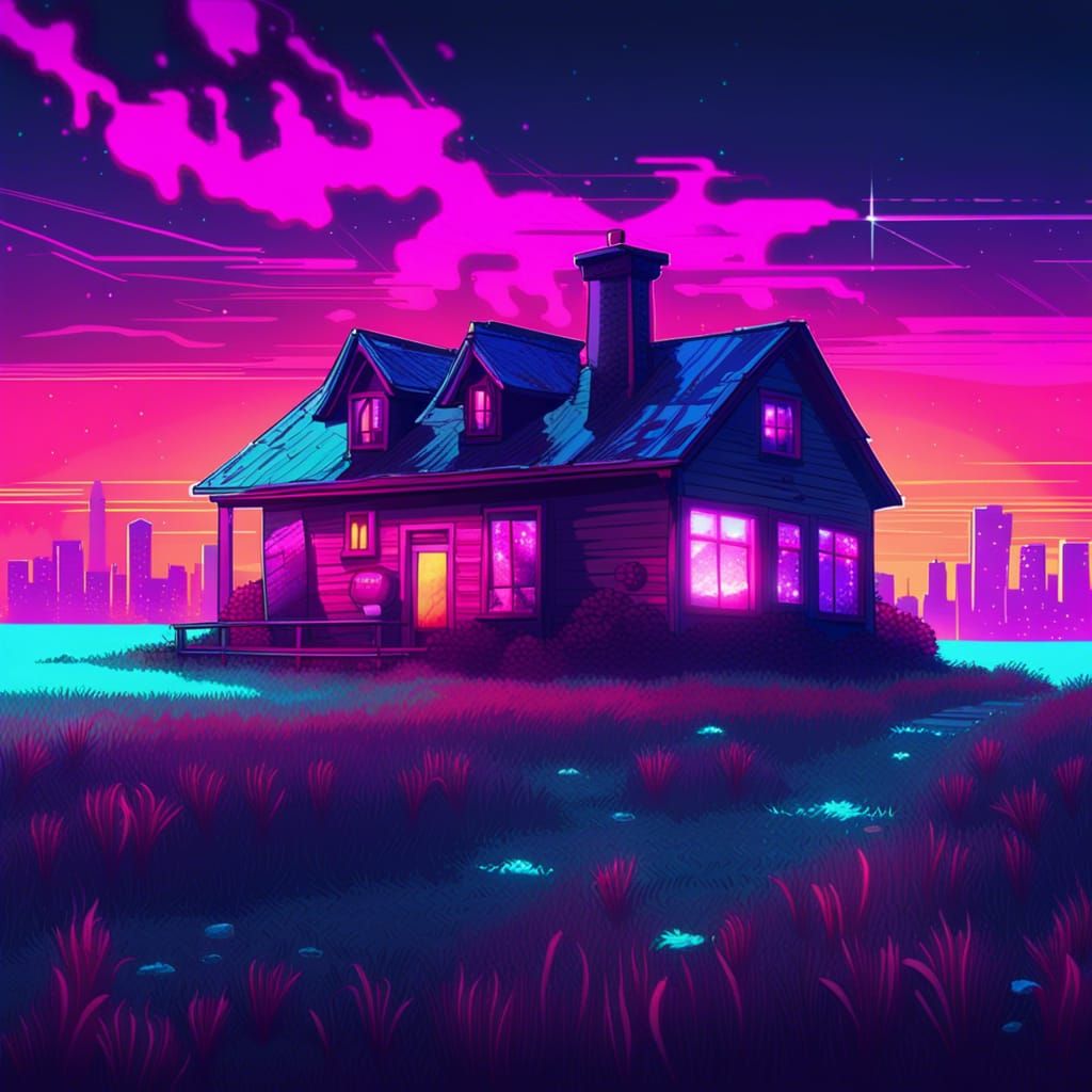 Abandoned Farmhouse Meets Synthwave Cityscape