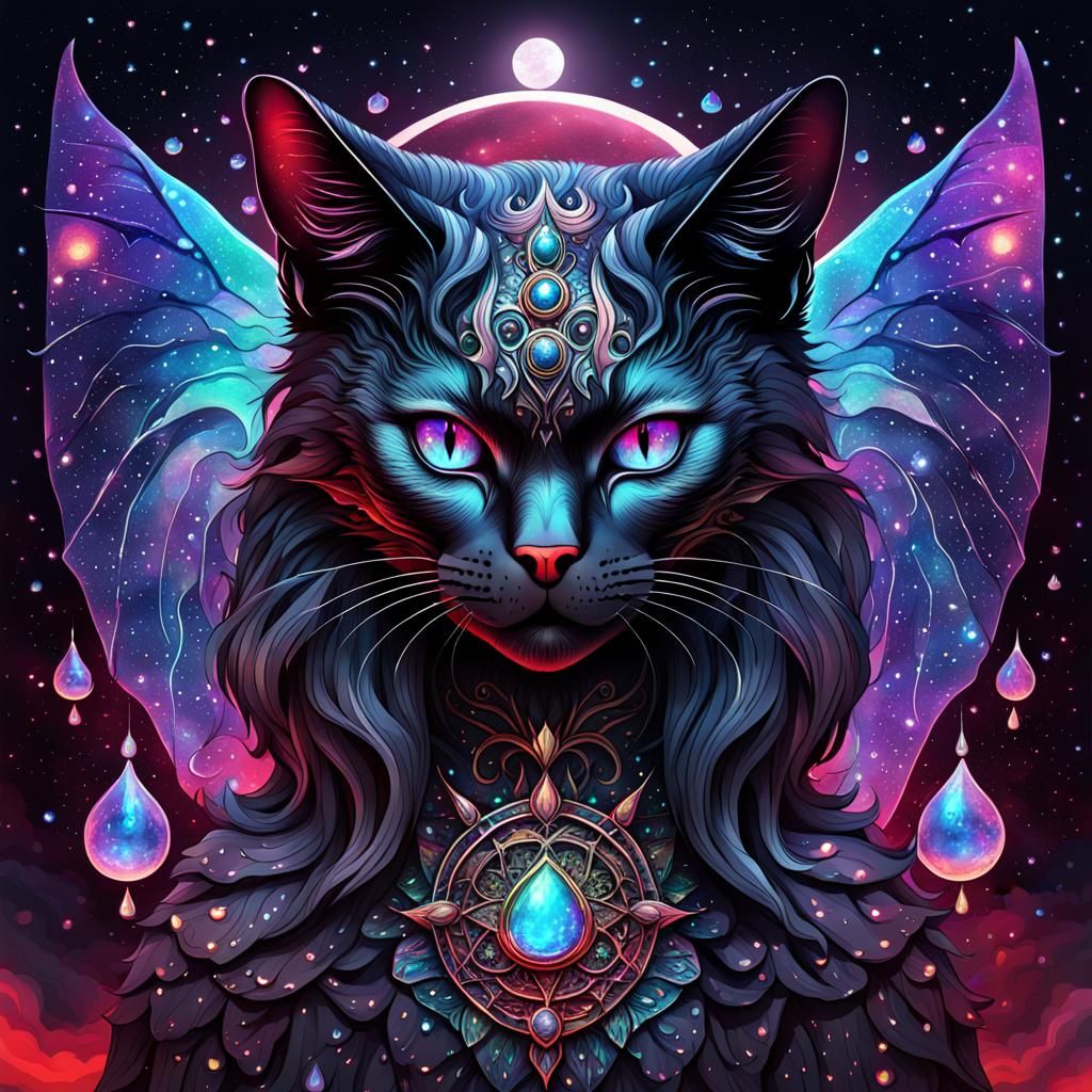 Cosmic Cat Goddess with Bat Wings