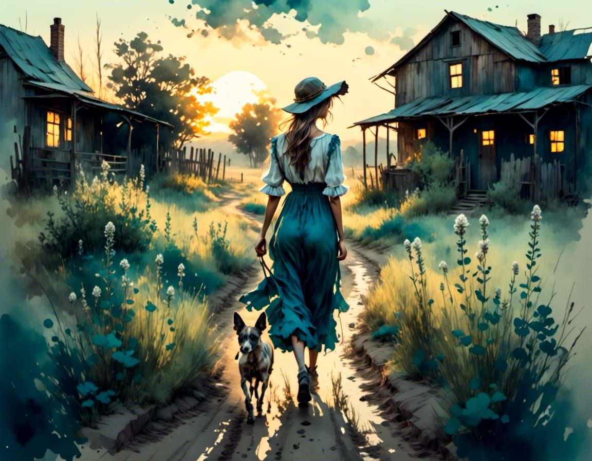 Milkmaid in Wild West Town: Antique Watercolor