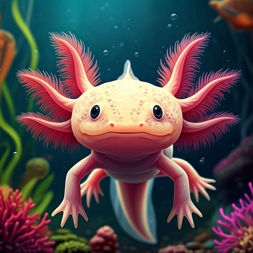 Axolotl in Whimsical Underwater Scene