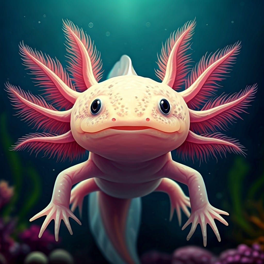 Whimsical Axolotl in a Vibrant Underwater Scene