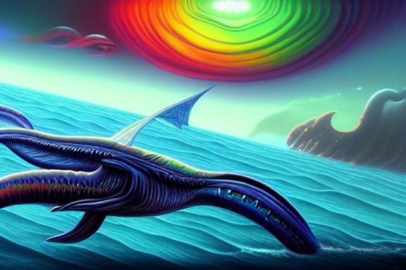 Rainbow Eldritch Space Whale in Astral Landscape
