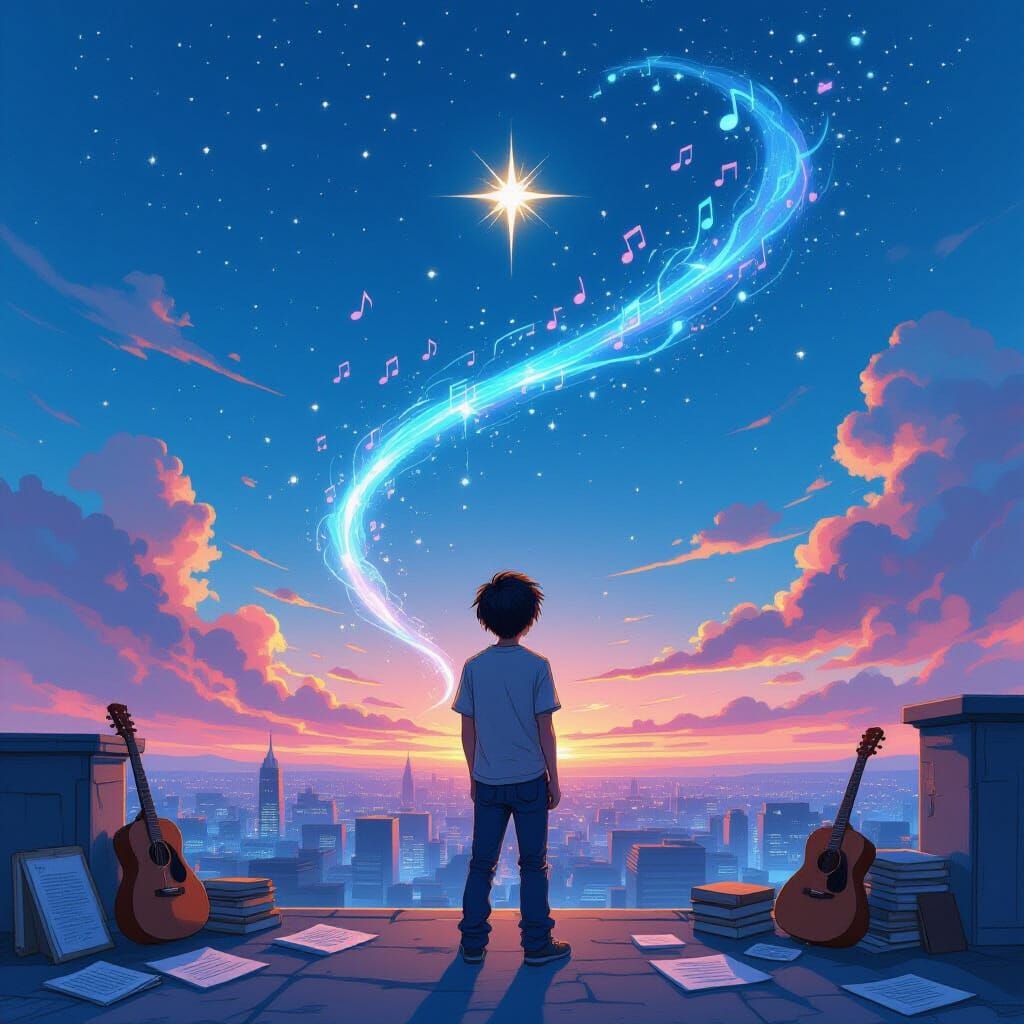 Dreamer Gazing at Ascending Star in Twilight Sky