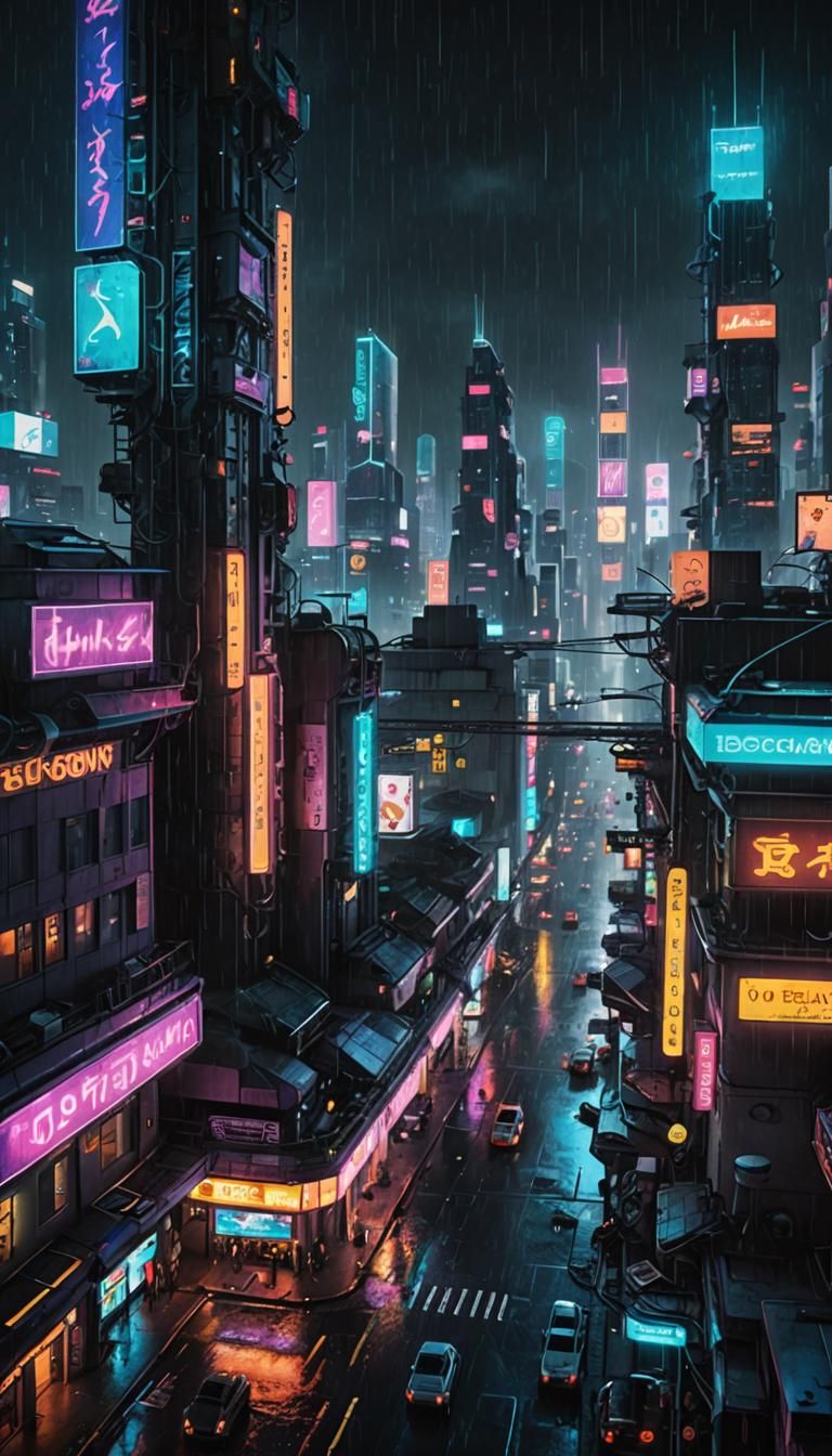 Cyberpunk Cityscape with Flying Vehicles at Night