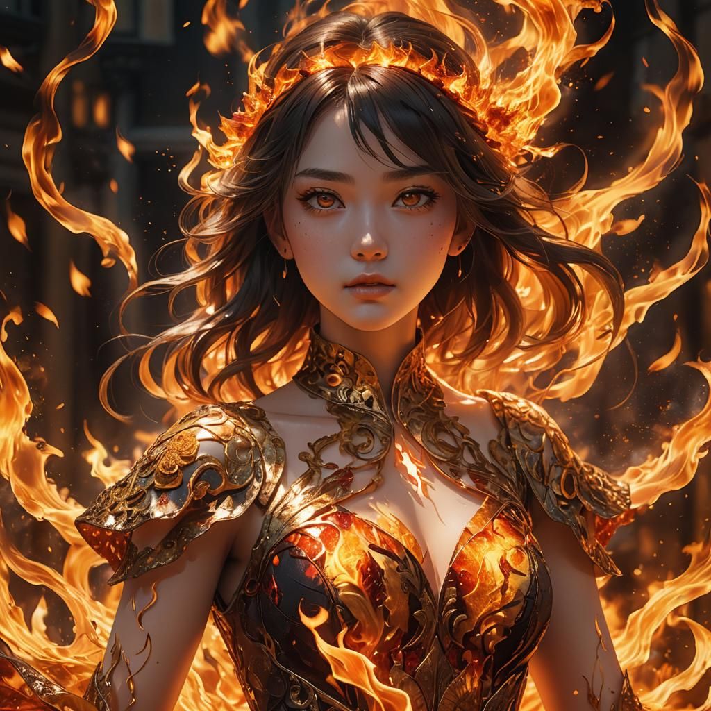 Anime Girl Engulfed in Flames: 3D Portrait