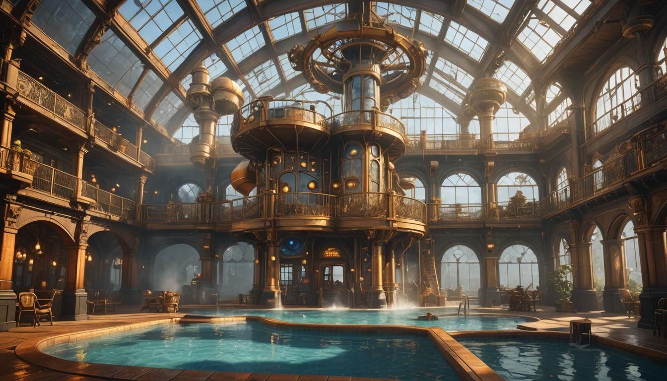 Steampunk Waterpark Pool in Golden Light