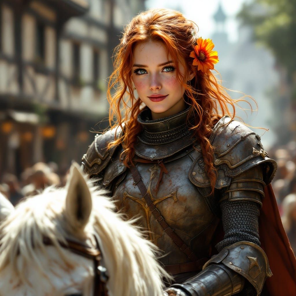 Female Knight with Flower Parading on Horseback