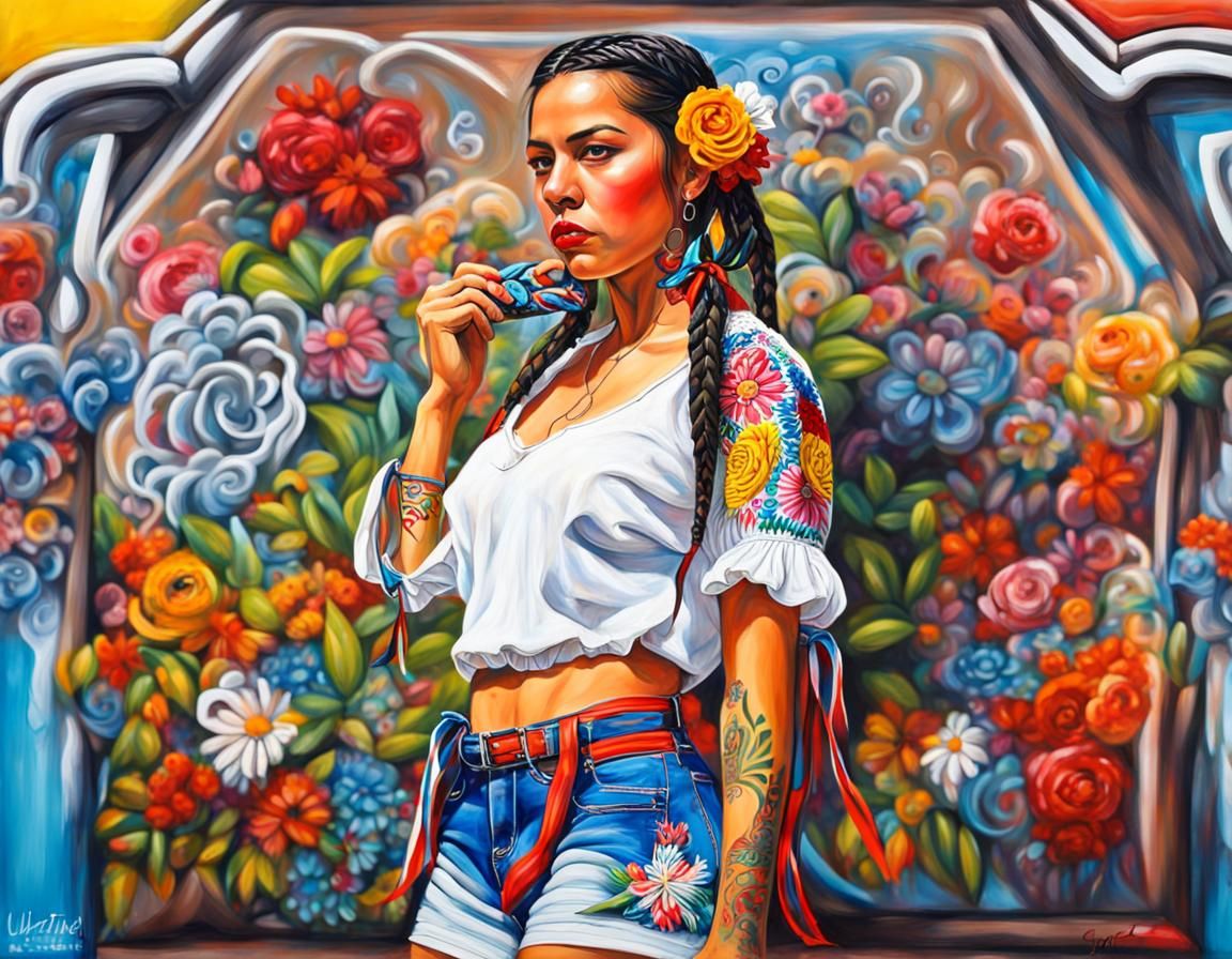 Mexican Woman in China Poblana Dress: Graffiti Art Style