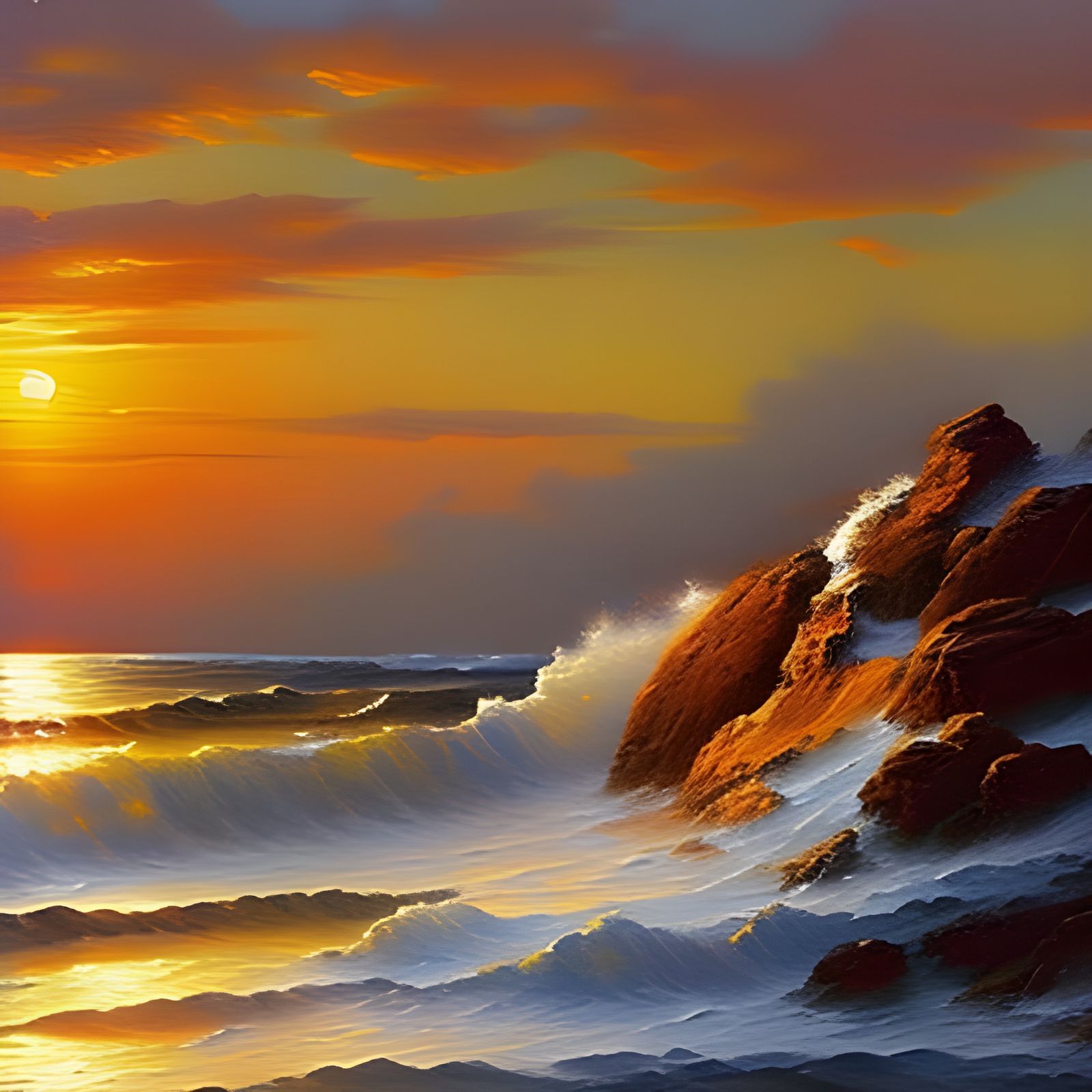Seashell Against Raging Sunset Sea: Oil Painting