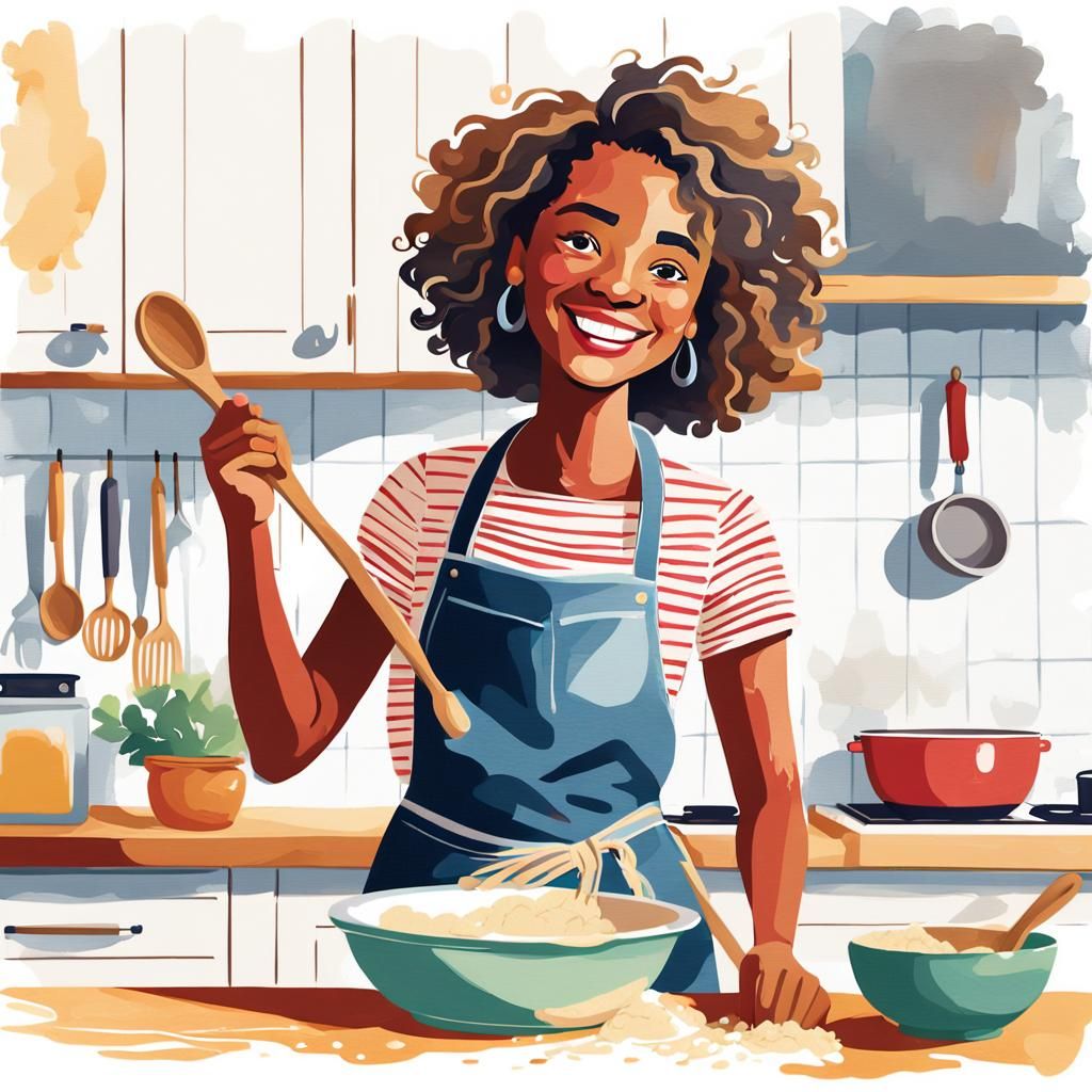Cheerful Woman in Vibrant Kitchen Illustration