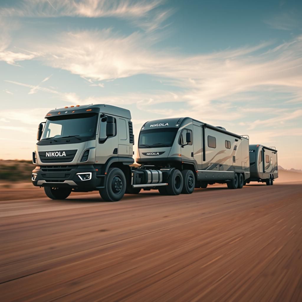 Nikola Electric Truck Towing RV Trailer: Hyperrealistic Imag...