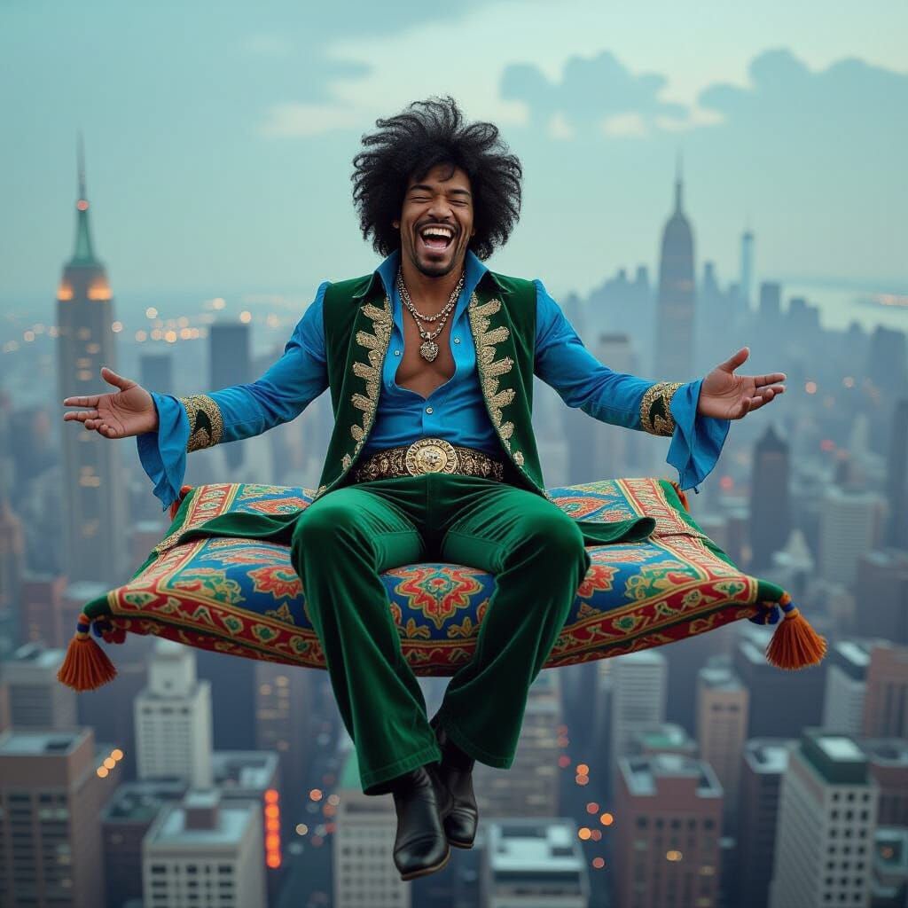 Jimi Hendrix on Magic Carpet in Cyberpunk Cityscape