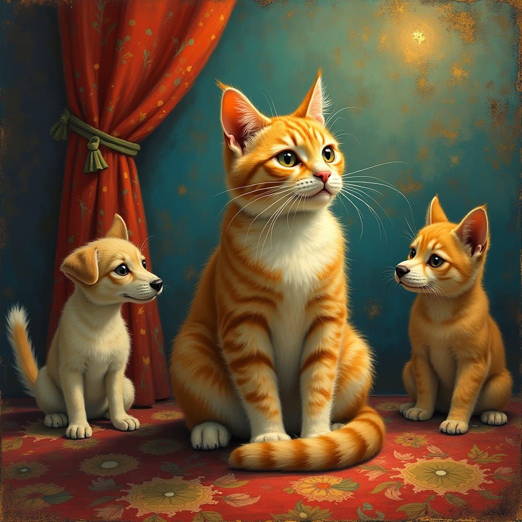 Regal Feline Surrounded by Forgotten Companions