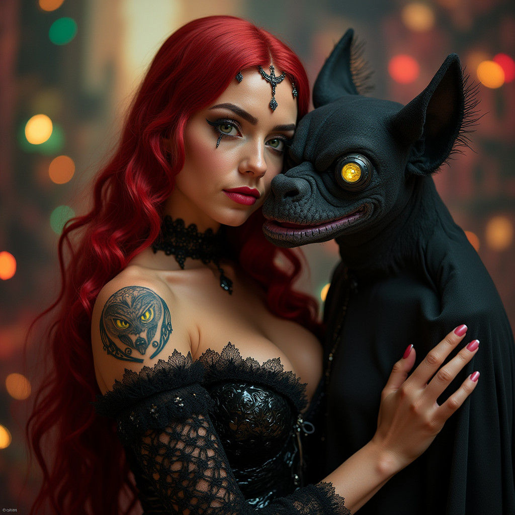 Glamorous Model and Bat Creature in Campy Horror Scene