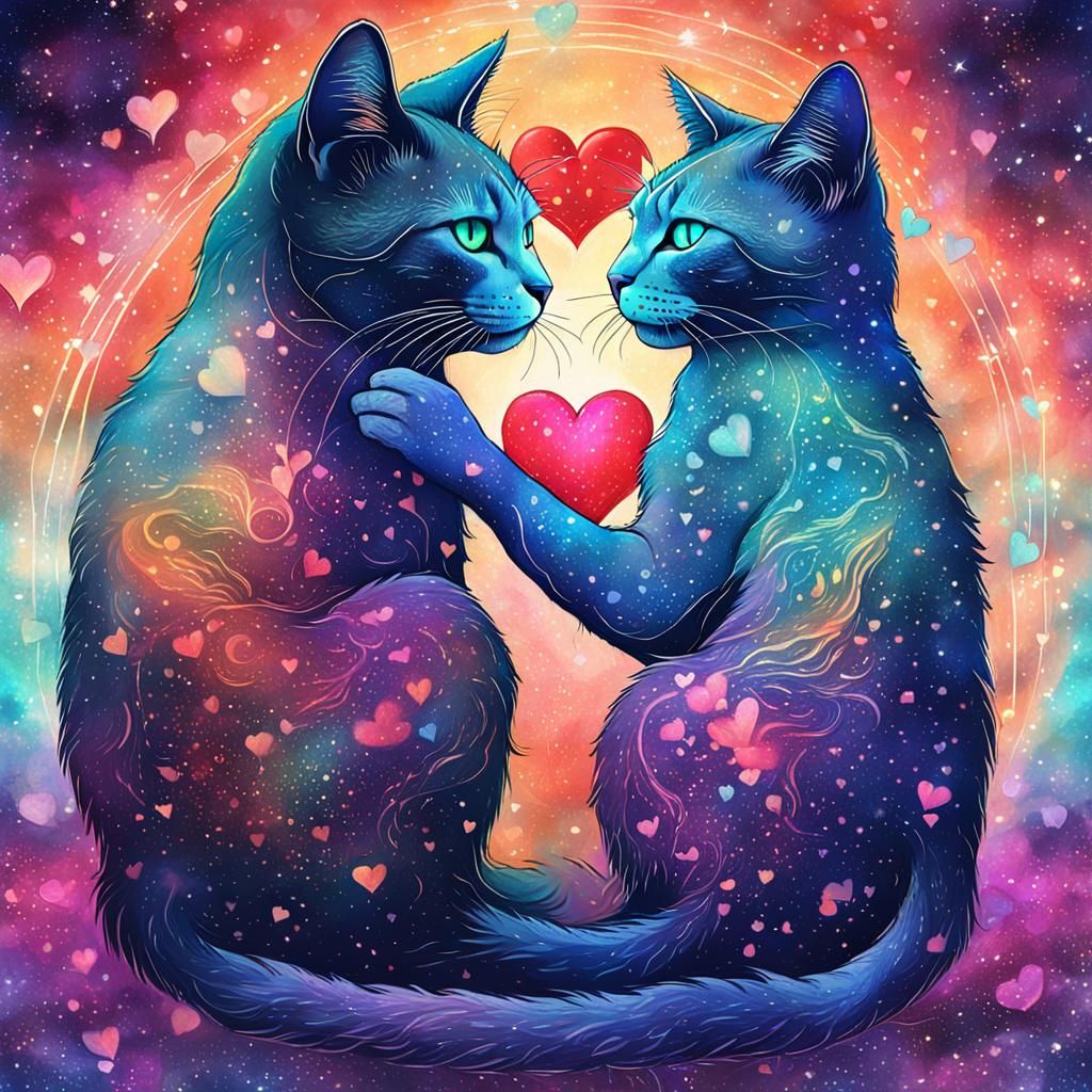 Cats in Love: Cosmic Mixed Media Illustration