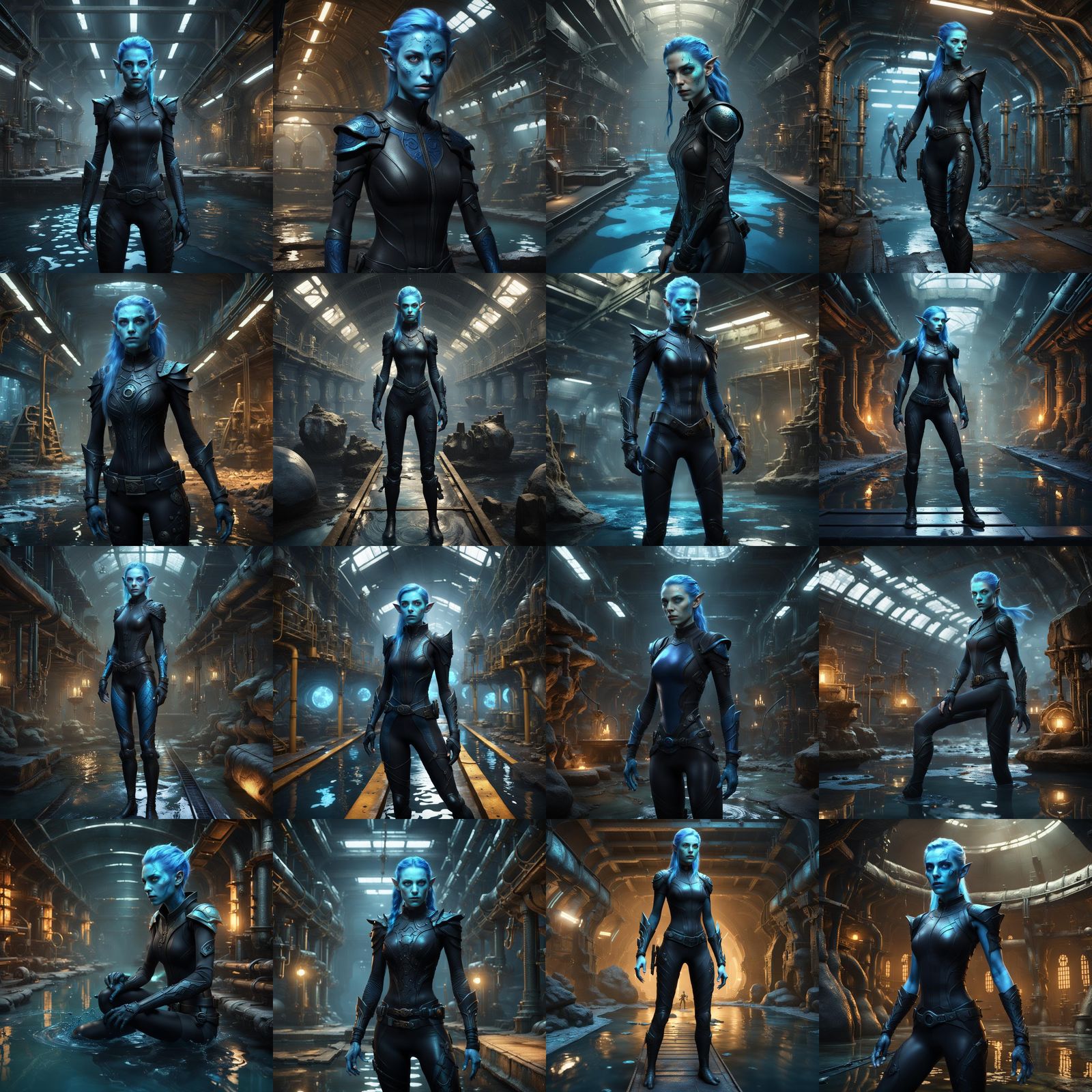 Blue Elf in Steampunk Underwater Lab, Digital Art