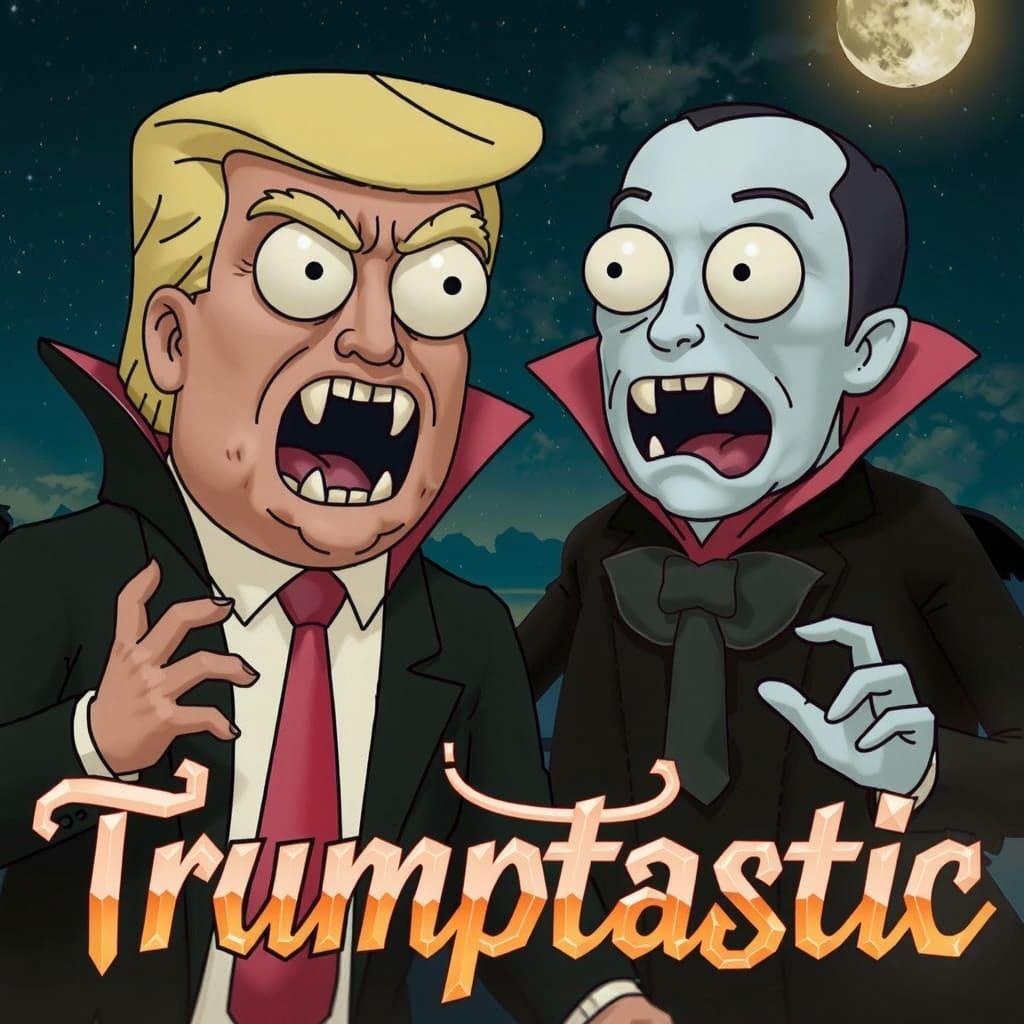 In a whimsical cartoon style, Donald Trump appears as a char...