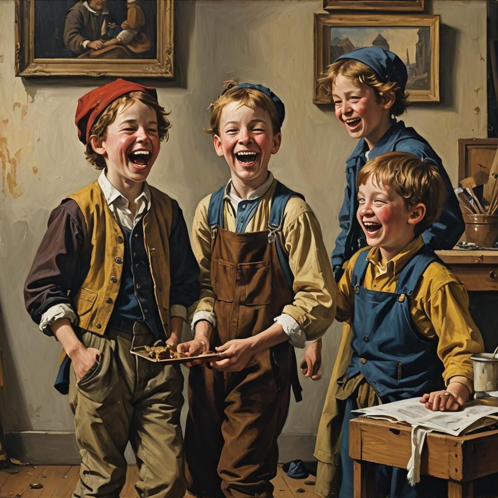 Boys Laughing, in Style of Vermeer, Oil Painting