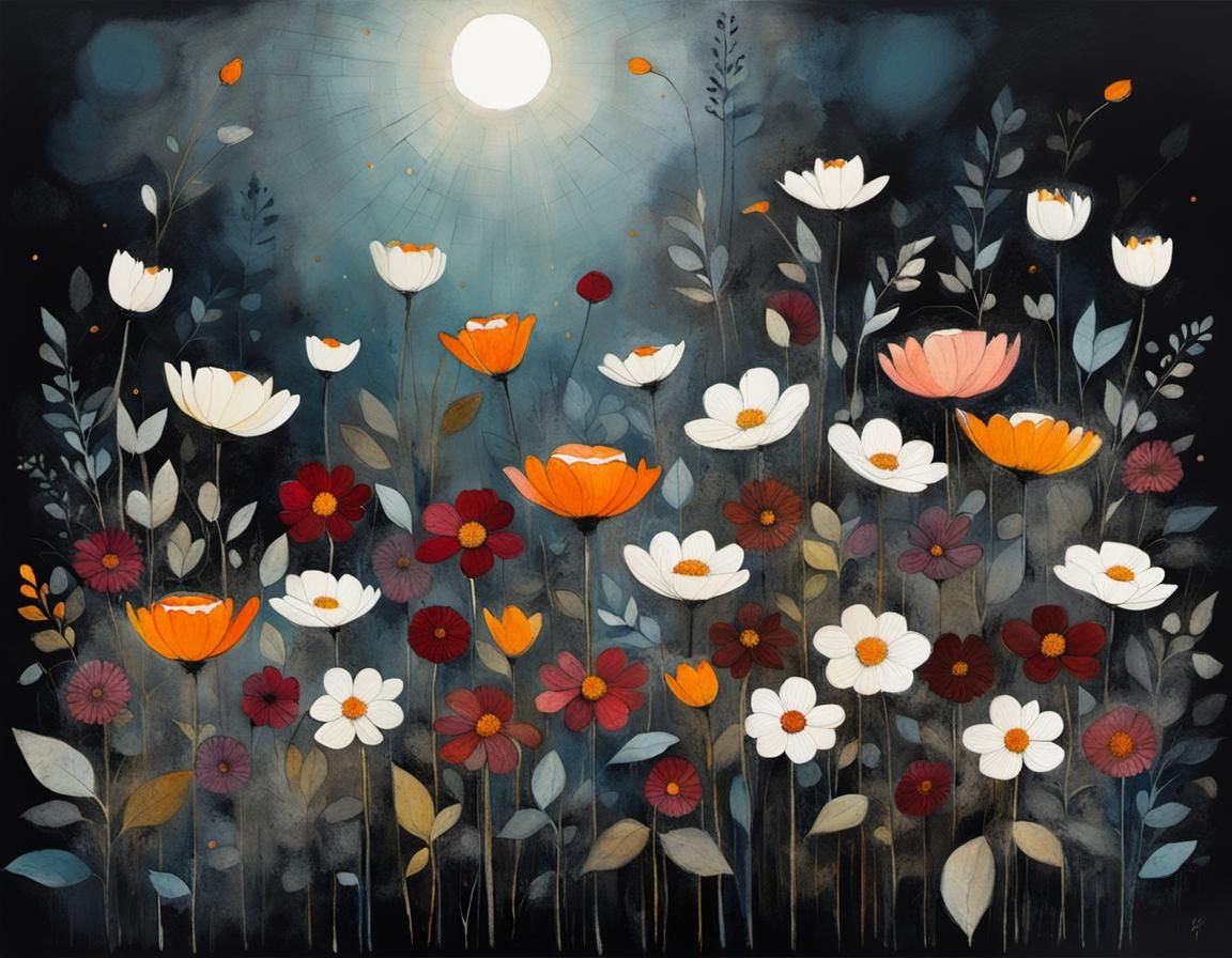 Illuminated Flowers in a Whimsical Dark Garden