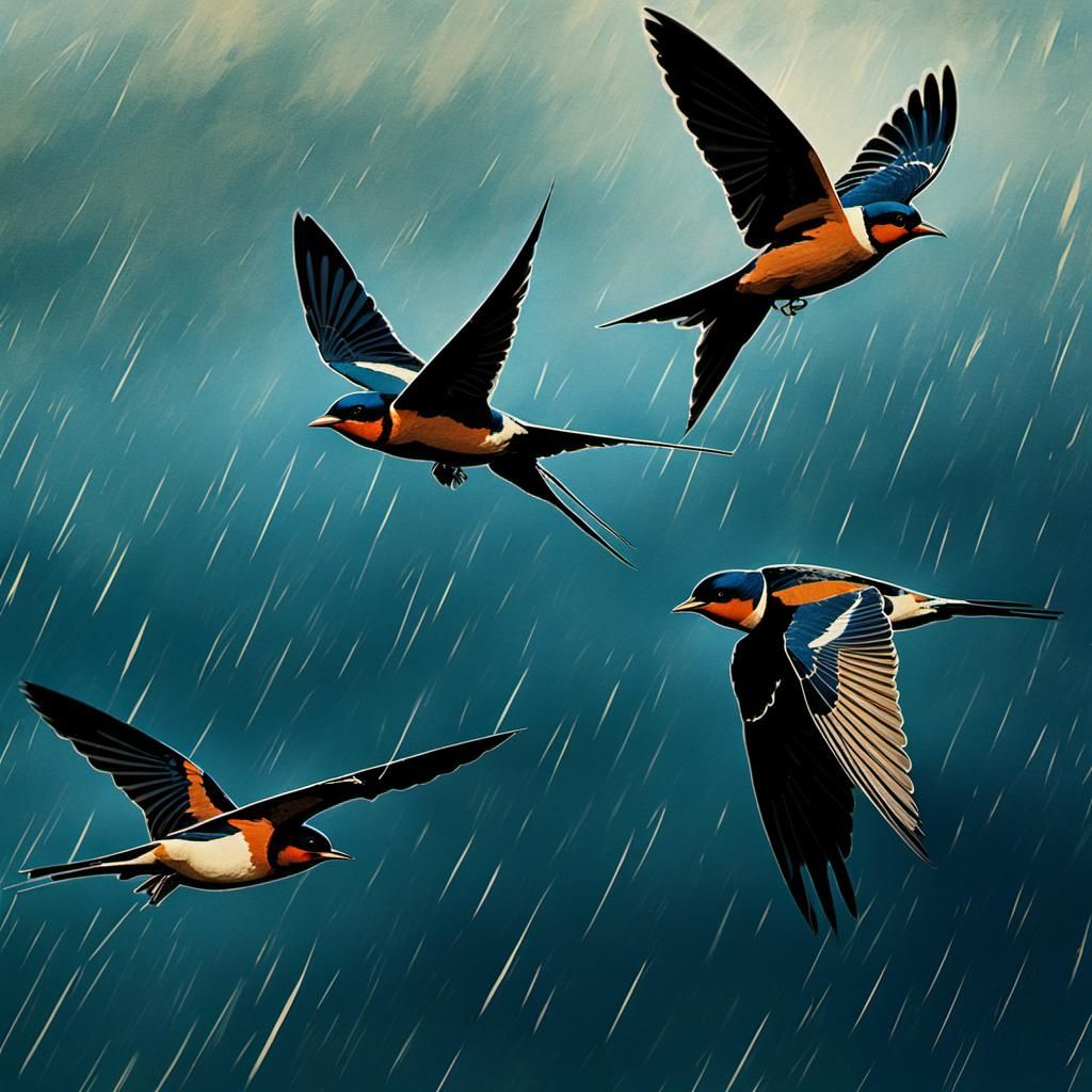 Artistic Flight of Barn Swallows in Storm