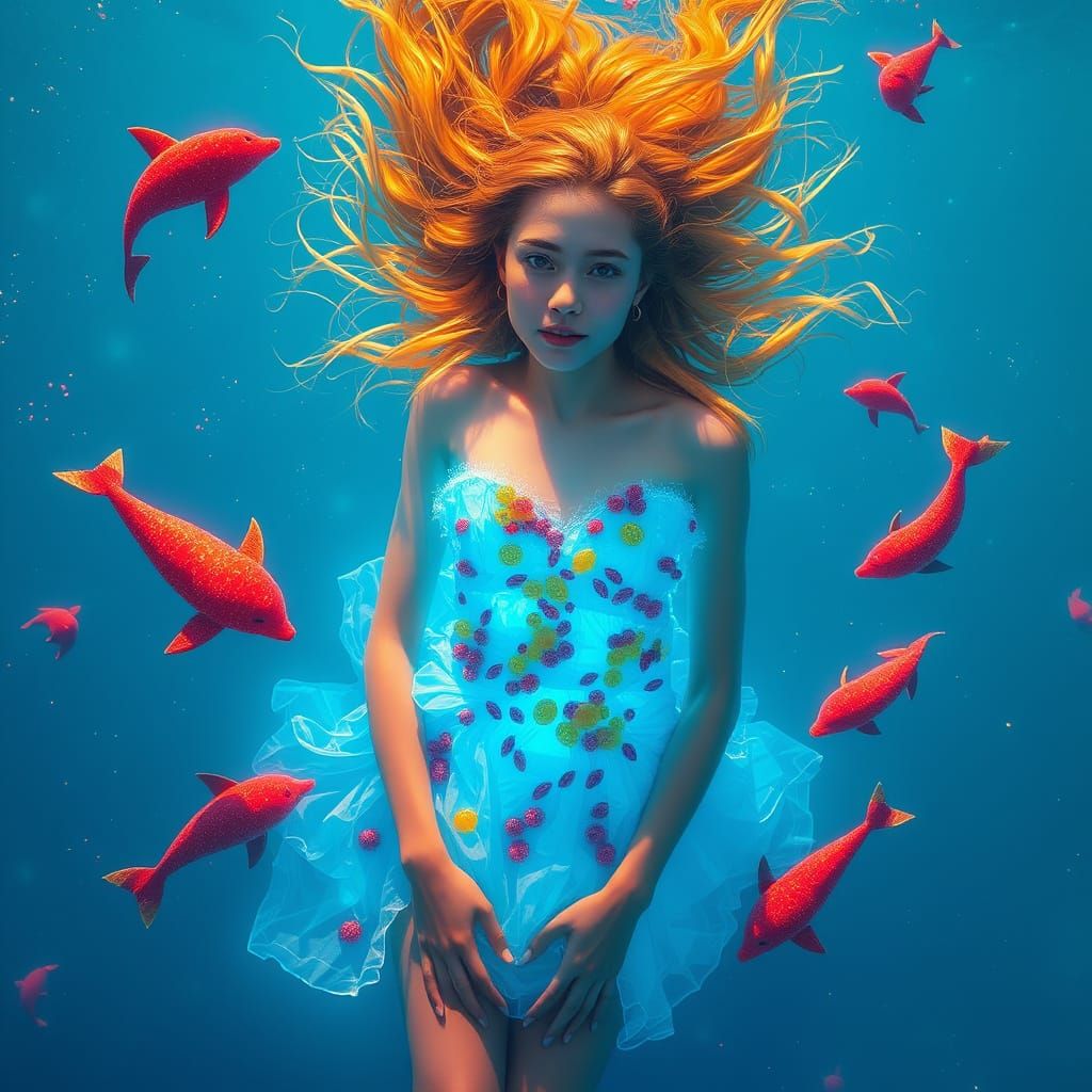 Woman in Soda Sea with Gummy Dolphins, Digital Art