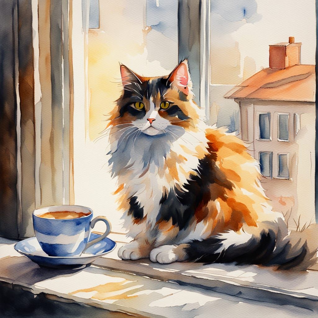 Calico Cat by Window in Watercolor Style